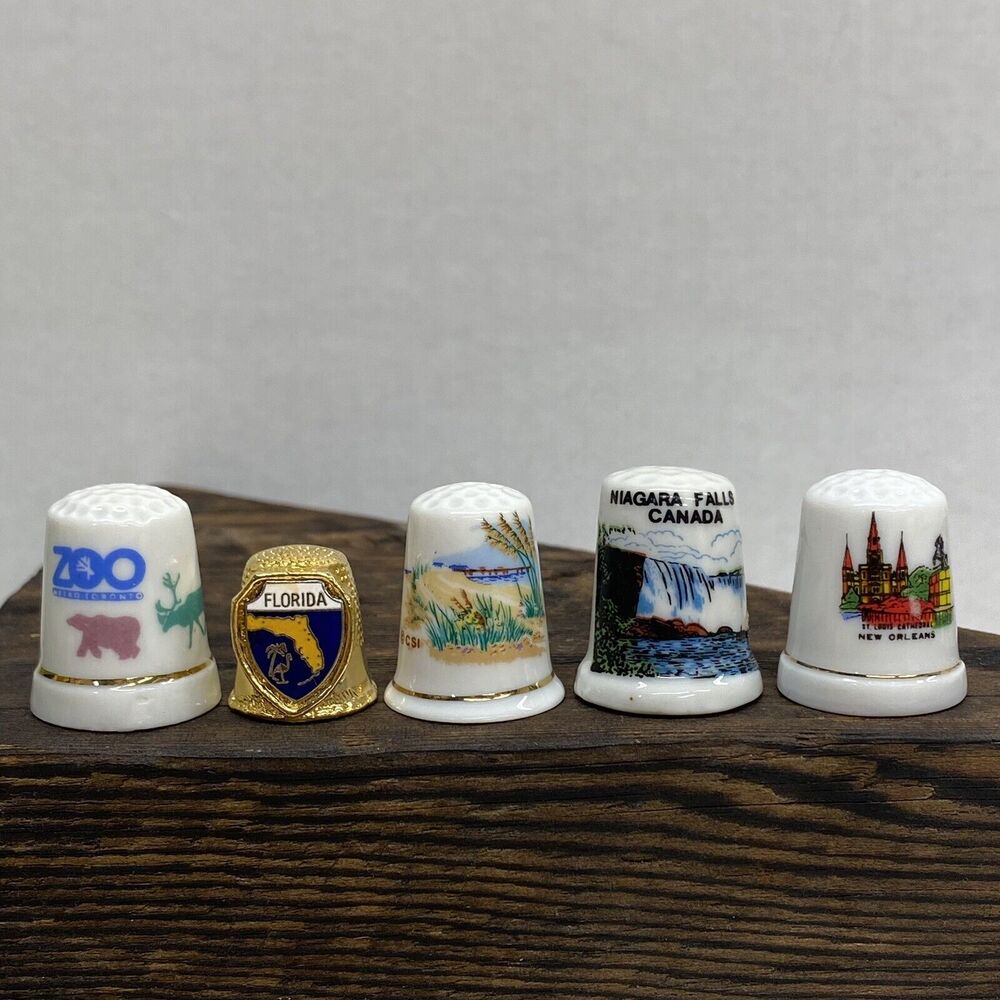 Lot Of 5 Thimbles Vintage Sewing Collectibles Souvenirs Destination Places